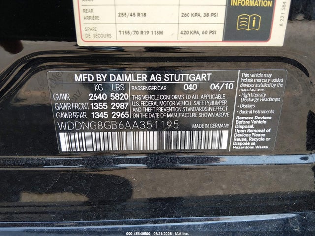 45840500 :رقم المزاد ، WDDNG8GB6AA351195 vin ، 2010 Mercedes-benz S 550 4matic مزاد بيع