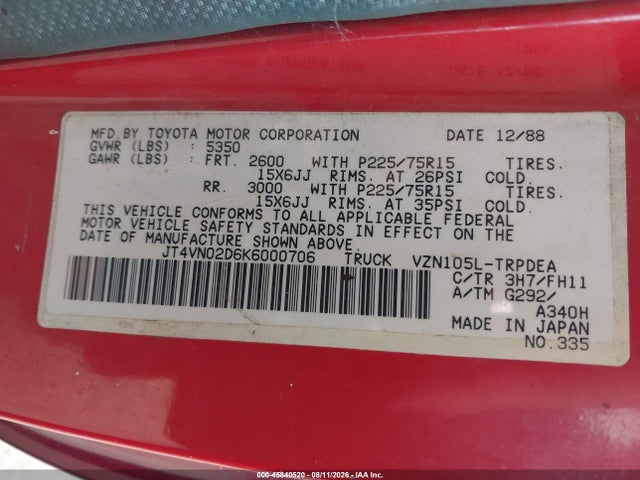45840520 :رقم المزاد ، JT4VN02D6K6000706 vin ، 1989 Toyota Pickup 1/2 Ton Lng Wheelbase Dlx مزاد بيع