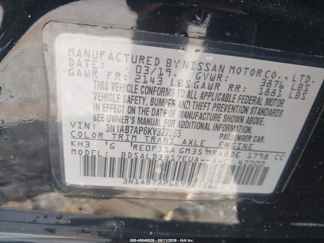 2019 Nissan Sentra Sv მანქანა იყიდება აუქციონზე, vin: 3N1AB7AP6KY327565, აუქციონის ნომერი: 45840526