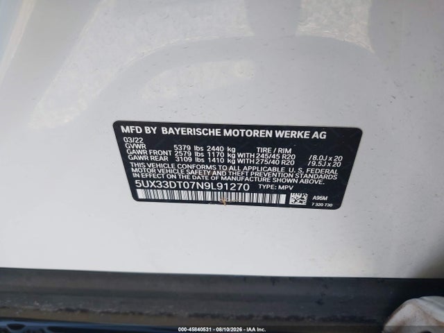 Продаж на аукціоні авто 2022 Bmw X4 Xdrive30i, vin: 5UX33DT07N9L91270, номер лоту: 45840531