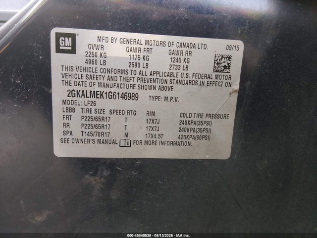 2016 Gmc Terrain Sle-1 მანქანა იყიდება აუქციონზე, vin: 2GKALMEK1G6146989, აუქციონის ნომერი: 45840538