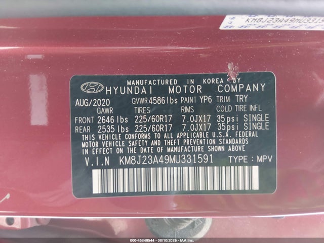 Продажа на аукционе авто 2021 Hyundai Tucson Se, vin: KM8J23A49MU331591, номер лота: 45840544