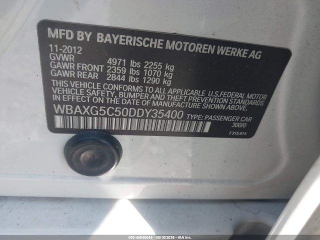 2013 Bmw 528i მანქანა იყიდება აუქციონზე, vin: WBAXG5C50DDY35400, აუქციონის ნომერი: 45840545