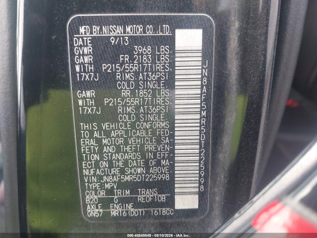 Aukcja sprzedaży 2013 Nissan Juke Sl, vin: JN8AF5MR5DT225998, numer aukcji: 45840549
