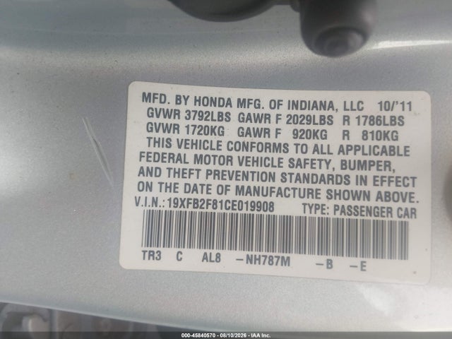2012 Honda Civic Ex მანქანა იყიდება აუქციონზე, vin: 19XFB2F81CE019908, აუქციონის ნომერი: 45840570