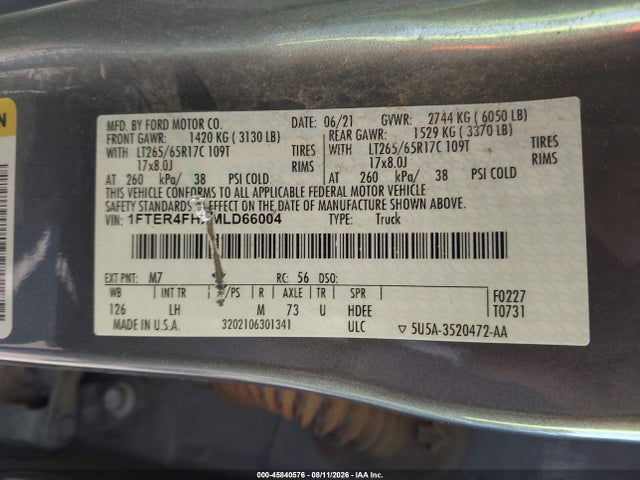 Продаж на аукціоні авто 2021 Ford Ranger Xlt, vin: 1FTER4FHXMLD66004, номер лоту: 45840576