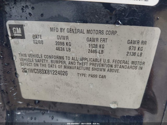 2008 Chevrolet Impala Lt მანქანა იყიდება აუქციონზე, vin: 2G1WC583X81224026, აუქციონის ნომერი: 45840587
