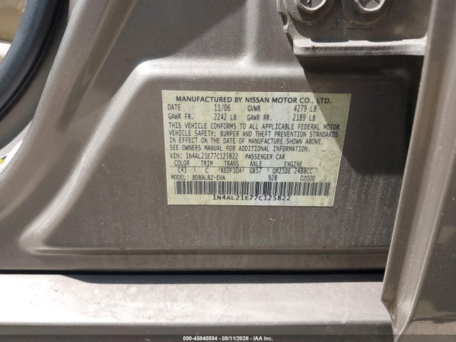 Aukcja sprzedaży 2007 Nissan Altima 2.5 S, vin: 1N4AL21E77C125822, numer aukcji: 45840594