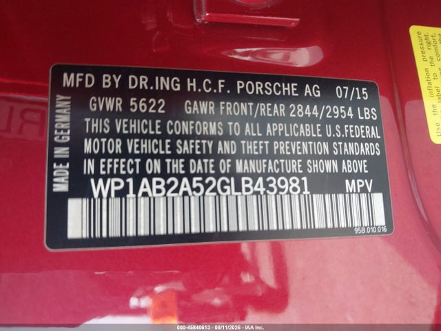 45840613 :رقم المزاد ، WP1AB2A52GLB43981 vin ، 2016 Porsche Macan S مزاد بيع