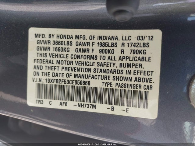 45840617 :رقم المزاد ، 19XFB2F53CE050860 vin ، 2012 Honda Civic Lx مزاد بيع