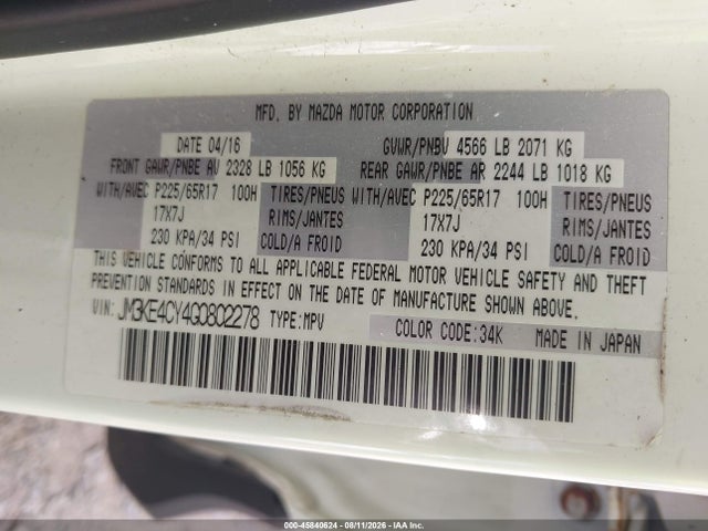 Aukcja sprzedaży 2016 Mazda Cx-5 Touring, vin: JM3KE4CY4G0802278, numer aukcji: 45840624