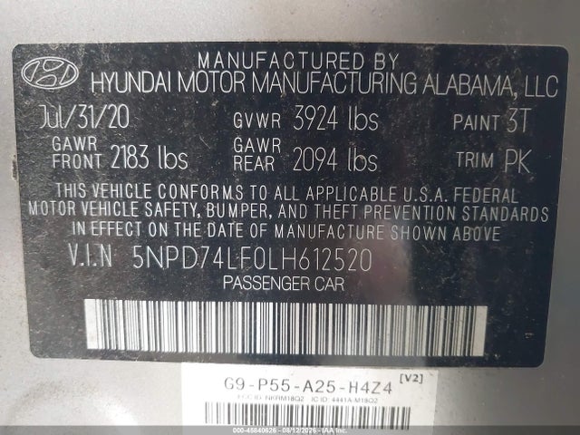 45840626 :رقم المزاد ، 5NPD74LF0LH612520 vin ، 2020 Hyundai Elantra Se مزاد بيع