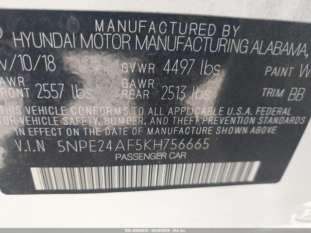 Aukcja sprzedaży 2019 Hyundai Sonata Se, vin: 5NPE24AF5KH756665, numer aukcji: 45840630