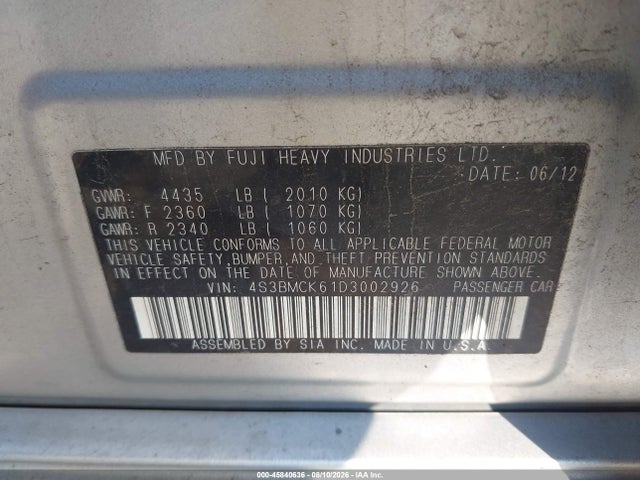 Продаж на аукціоні авто 2013 Subaru Legacy 2.5i Limited, vin: 4S3BMCK61D3002926, номер лоту: 45840636