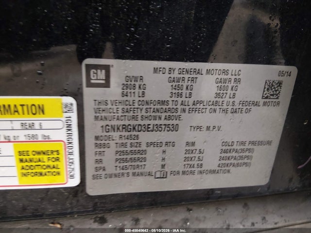 Aukcja sprzedaży 2014 Chevrolet Traverse Lt, vin: 1GNKRGKD3EJ357530, numer aukcji: 45840642