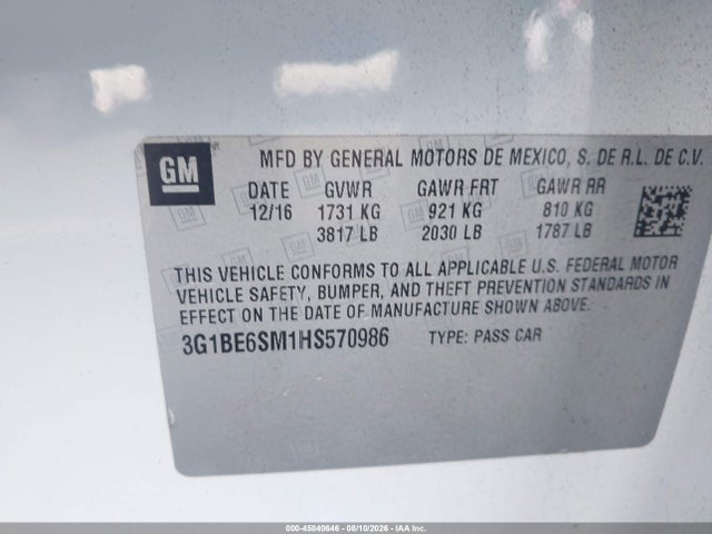 Aukcja sprzedaży 2017 Chevrolet Cruze Lt Auto, vin: 3G1BE6SM1HS570986, numer aukcji: 45840646