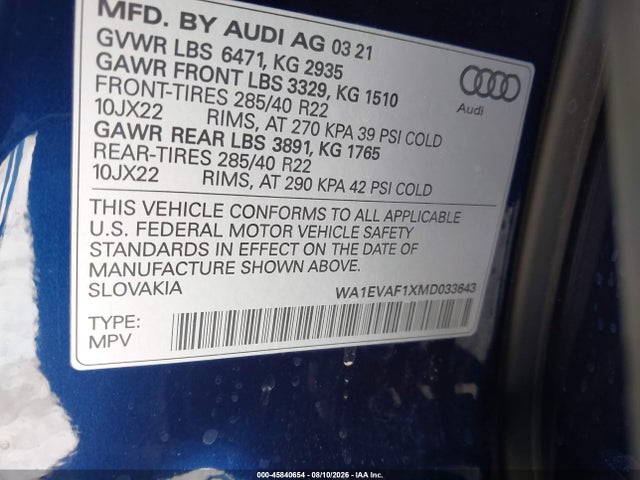 Aukcja sprzedaży 2021 Audi Q8 Premium Plus 55 Tfsi Quattro Tiptronic, vin: WA1EVAF1XMD033643, numer aukcji: 45840654
