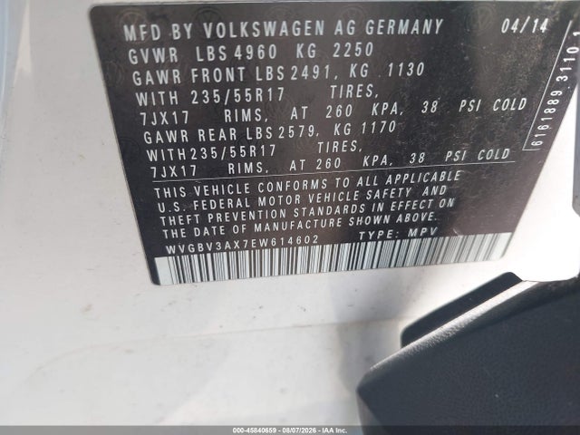 Продажа на аукционе авто 2014 Volkswagen Tiguan Se, vin: WVGBV3AX7EW614602, номер лота: 45840659