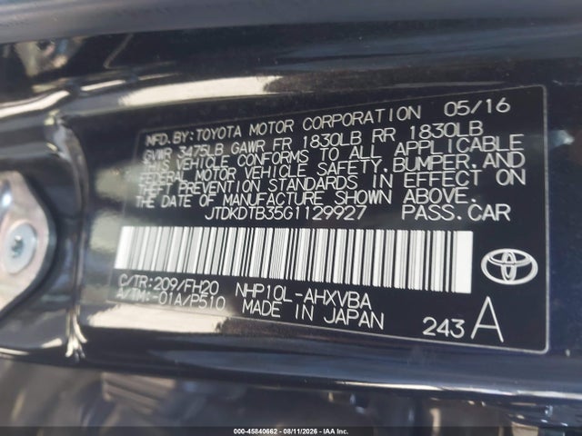 Toyota Prius C One 2016 JTDKDTB35G1129927 Image 9