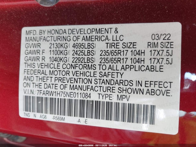 2022 Honda Cr-v 2wd Special Edition მანქანა იყიდება აუქციონზე, vin: 7FARW1H75NE011084, აუქციონის ნომერი: 45840666