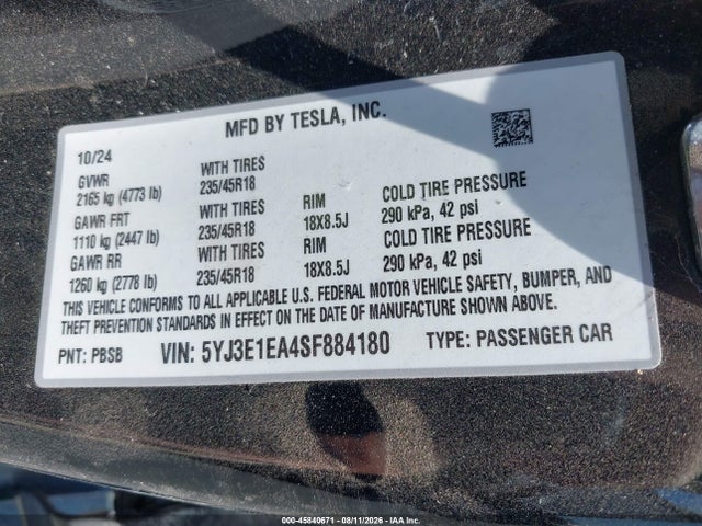 Продаж на аукціоні авто 2025 Tesla Model 3 Long Range Rear-wheel Drive/standard Rear-wheel Drive, vin: 5YJ3E1EA4SF884180, номер лоту: 45840671
