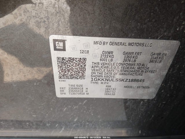 Продаж на аукціоні авто 2019 Gmc Acadia Slt-1, vin: 1GKKNULS5KZ188645, номер лоту: 45840675