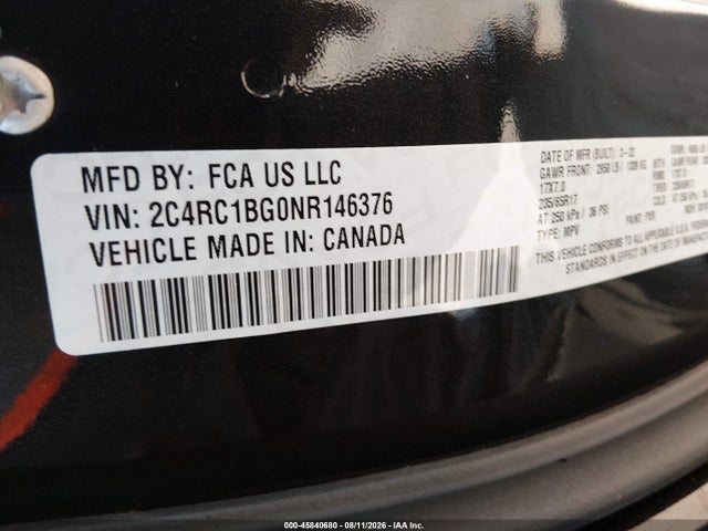 45840680 :رقم المزاد ، 2C4RC1BG0NR146376 vin ، 2022 Chrysler Pacifica Touring L مزاد بيع