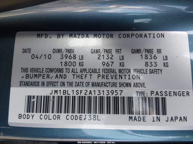 Aukcja sprzedaży 2010 Mazda Mazda3 I Sport, vin: JM1BL1SF2A1313957, numer aukcji: 45840682