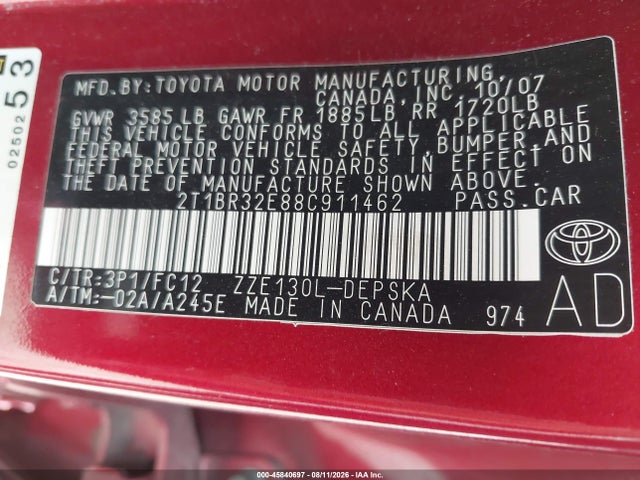 Продаж на аукціоні авто 2008 Toyota Corolla S, vin: 2T1BR32E88C911462, номер лоту: 45840697