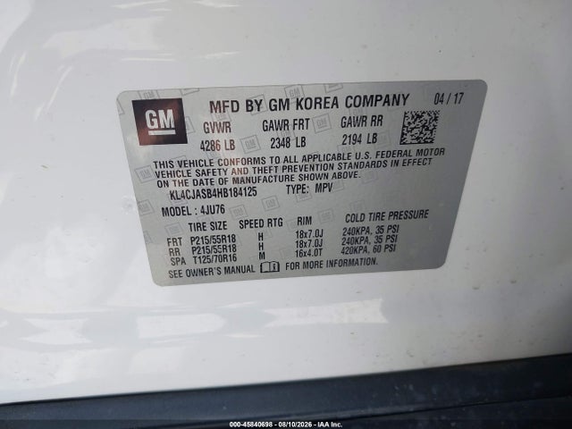 Aukcja sprzedaży 2017 Buick Encore Preferred, vin: KL4CJASB4HB184125, numer aukcji: 45840698