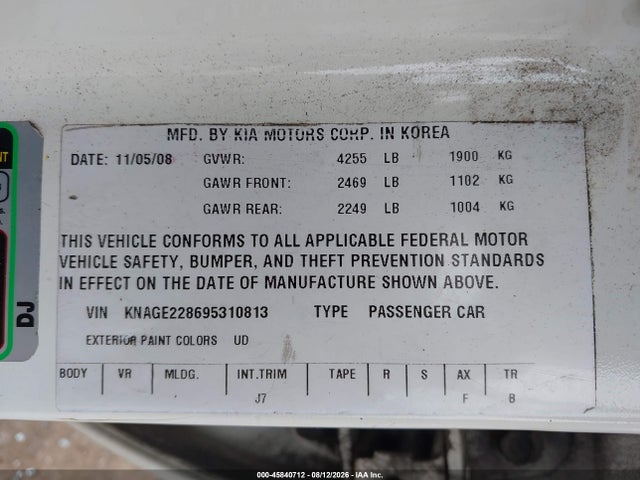 45840712 :رقم المزاد ، KNAGE228695310813 vin ، 2009 Kia Optima Lx مزاد بيع