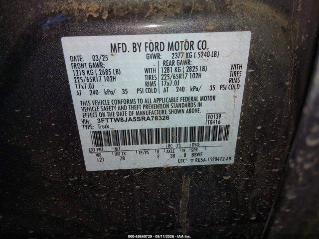 45840729 :رقم المزاد ، 3FTTW8JA5SRA78326 vin ، 2025 Ford Maverick Xlt مزاد بيع