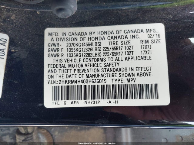 45840741 :رقم المزاد ، 2HKRM4H40GH636019 vin ، 2016 Honda Cr-v Se مزاد بيع