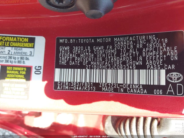 45840747 :رقم المزاد ، 2T1BURHE3JC083349 vin ، 2018 Toyota Corolla Le مزاد بيع