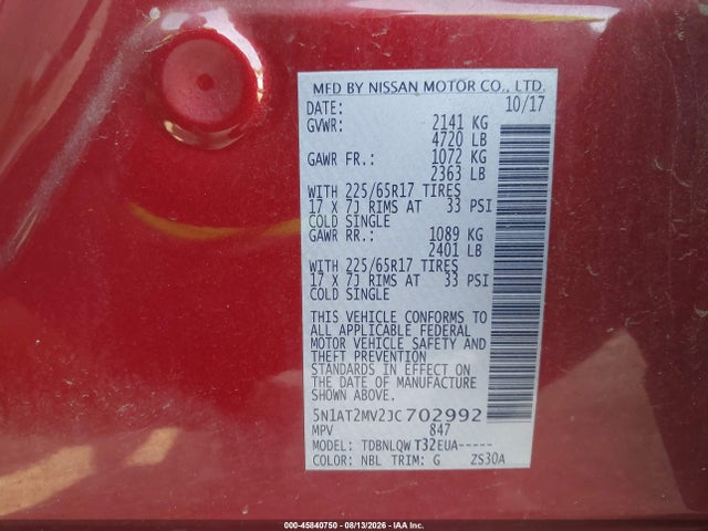 45840750 :رقم المزاد ، 5N1AT2MV2JC702992 vin ، 2018 Nissan Rogue Sv مزاد بيع