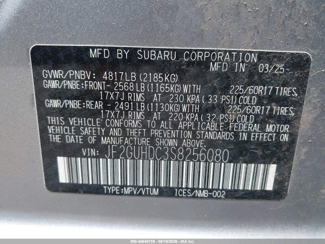 45840759 :رقم المزاد ، JF2GUHDC3S8256080 vin ، 2025 Subaru Crosstrek Premium مزاد بيع