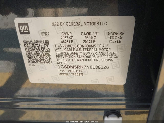 45840765 :رقم المزاد ، 1G6DM5RK7N0136126 vin ، 2022 Cadillac Ct5 Luxury مزاد بيع