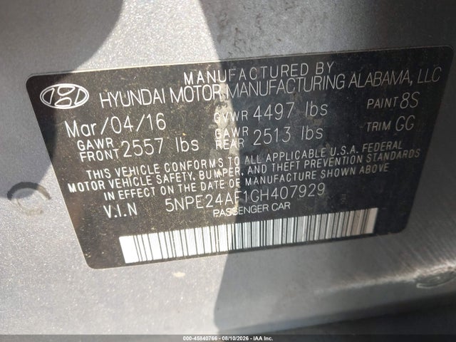 45840766 :رقم المزاد ، 5NPE24AF1GH407929 vin ، 2016 Hyundai Sonata Se مزاد بيع