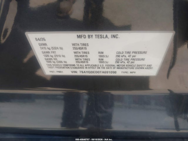 Aukcja sprzedaży 2026 Tesla Model Y Premium Rear-wheel Drive/rear-wheel Drive, vin: 7SAYGDED0TA691098, numer aukcji: 45840787