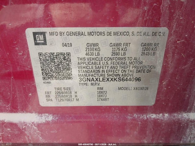 Aukcja sprzedaży 2019 Chevrolet Equinox Lt, vin: 3GNAXLEXXKS644096, numer aukcji: 45840790