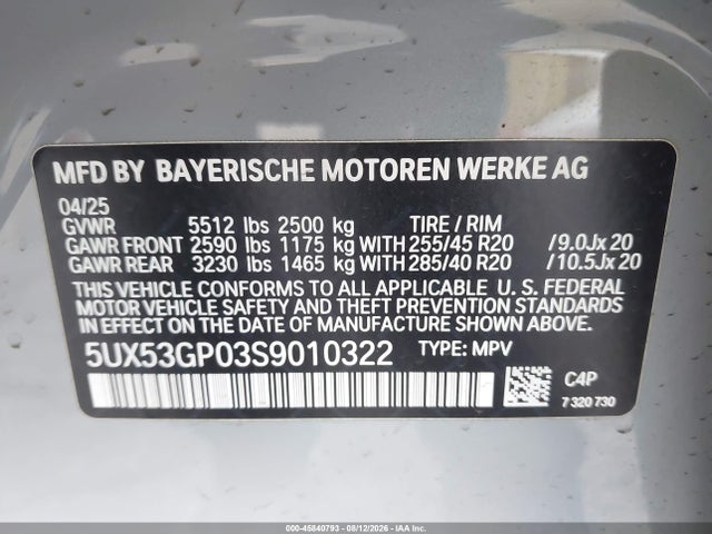 Aukcja sprzedaży 2025 Bmw X3 30 Xdrive, vin: 5UX53GP03S9010322, numer aukcji: 45840793