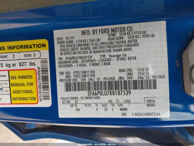 45840802 :رقم المزاد ، 3FA6P0LU7KR187539 vin ، 2019 Ford Fusion Hybrid Se مزاد بيع