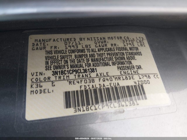 Aukcja sprzedaży 2012 Nissan Versa 1.8 S, vin: 3N1BC1CP9CL361381, numer aukcji: 45840826