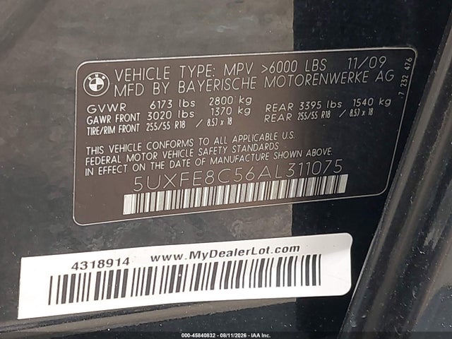45840832 :رقم المزاد ، 5UXFE8C56AL311075 vin ، 2010 Bmw X5 Xdrive48i مزاد بيع