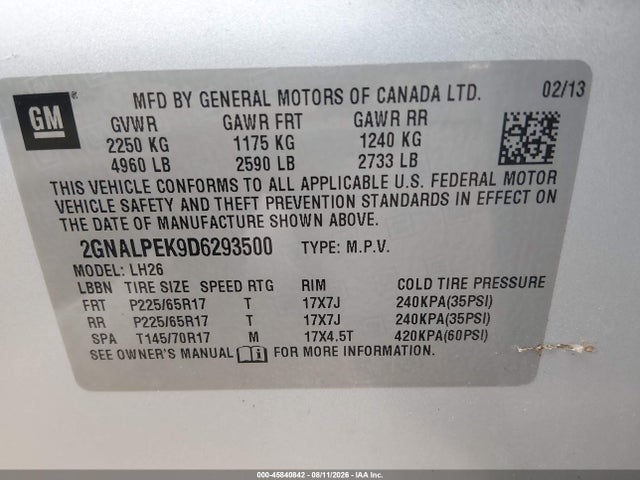 45840842 :رقم المزاد ، 2GNALPEK9D6293500 vin ، 2013 Chevrolet Equinox Lt مزاد بيع