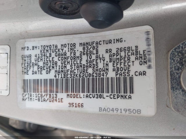 2002 Toyota Camry Le მანქანა იყიდება აუქციონზე, vin: 4T1BE32K62U063847, აუქციონის ნომერი: 45840867