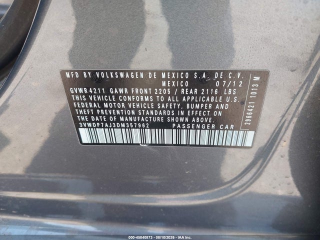 Продажа на аукционе авто 2013 Volkswagen Jetta Se, vin: 3VWDP7AJ3DM357962, номер лота: 45840873