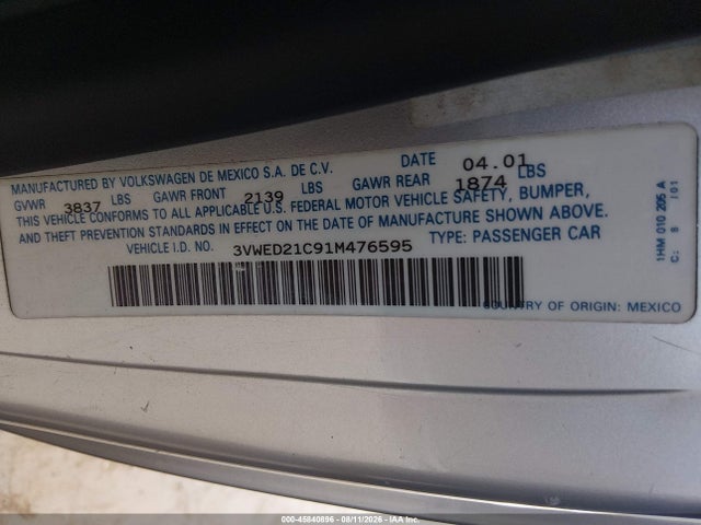 Продаж на аукціоні авто 2001 Volkswagen New Beetle Sport Edition, vin: 3VWED21C91M476595, номер лоту: 45840896
