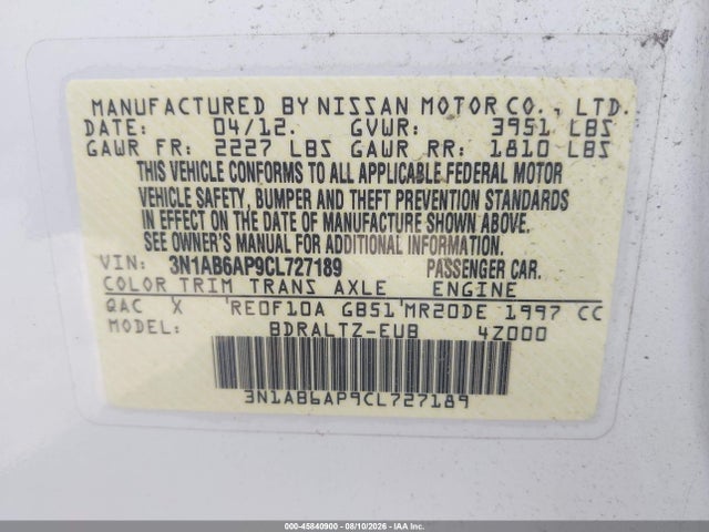 45840900 :رقم المزاد ، 3N1AB6AP9CL727189 vin ، 2012 Nissan Sentra 2.0 Sr مزاد بيع
