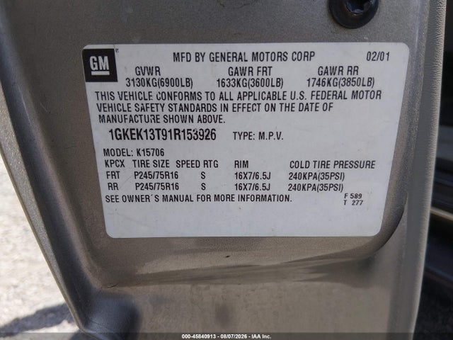Aukcja sprzedaży 2001 Gmc Yukon Slt, vin: 1GKEK13T91R153926, numer aukcji: 45840913